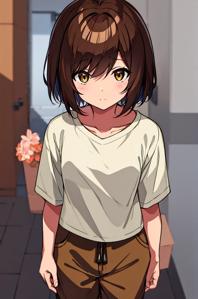 An anime girl wearing khaki brown cargo joggers, a white t-shirt, that says ''Wachu', with a hat, and that he is smiling and raising his hand greeting me, con a white t-shirt con marrón