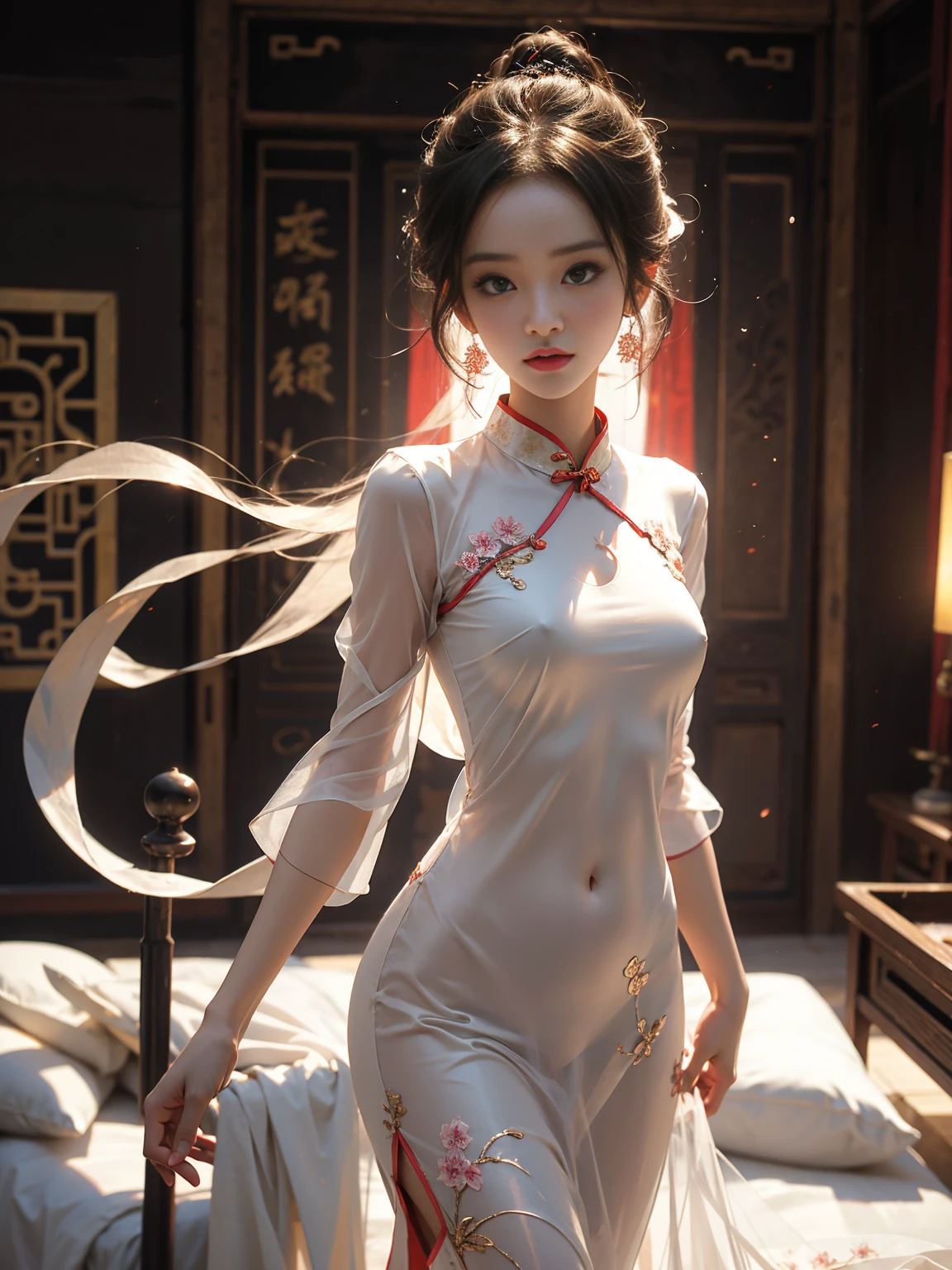 nude,Perfect female body,bedroom,Translucent body,cheongsam