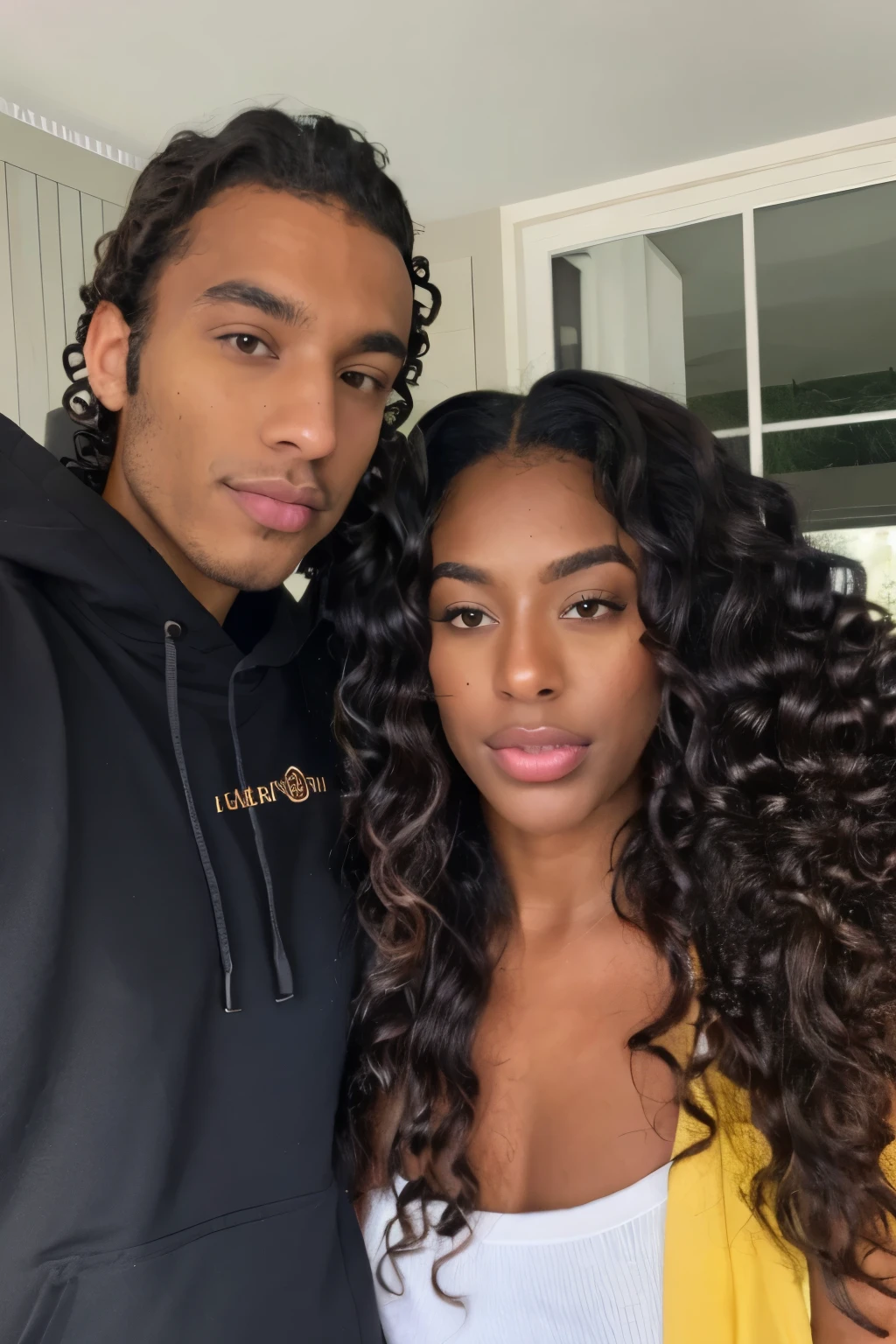 there is a black woman , the woman has curly haired, she has dark skin, with dark brownish skin, dark skin with long curly, with long long black curly hair she is taking a selfie with her brother
