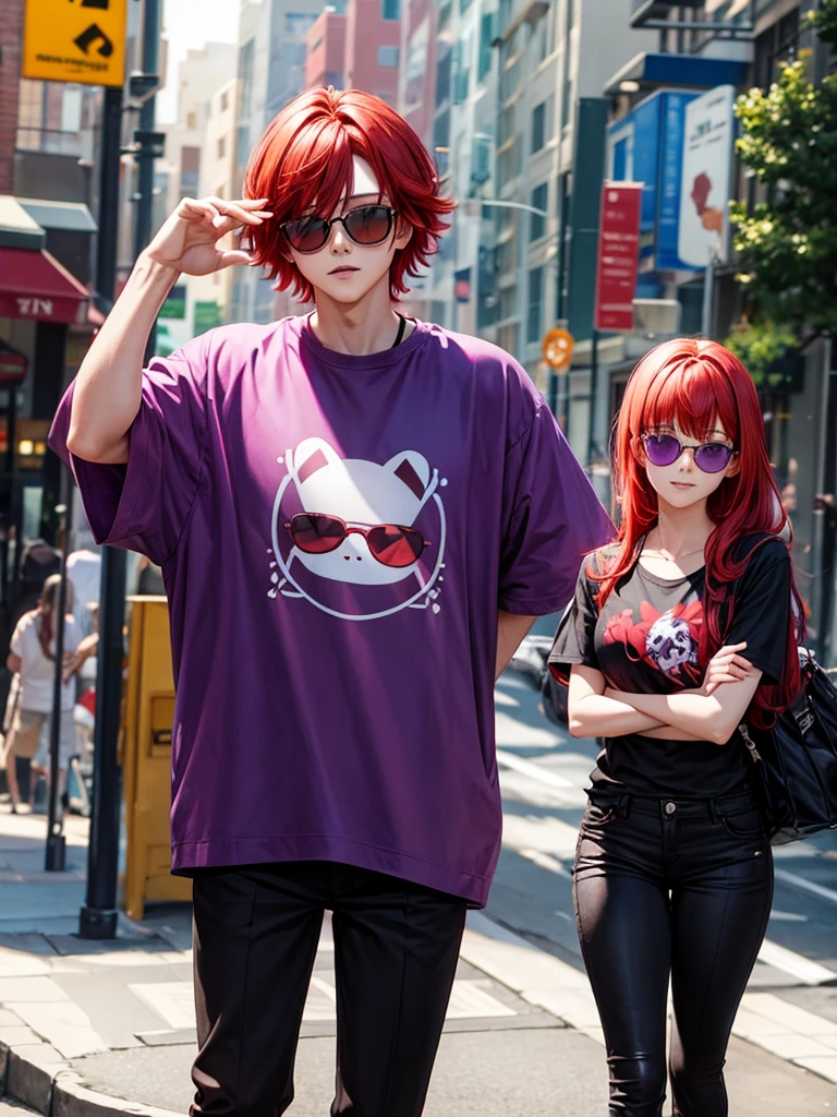 Red hair idiot guy purple shades has a pet axololt shirt red black pants