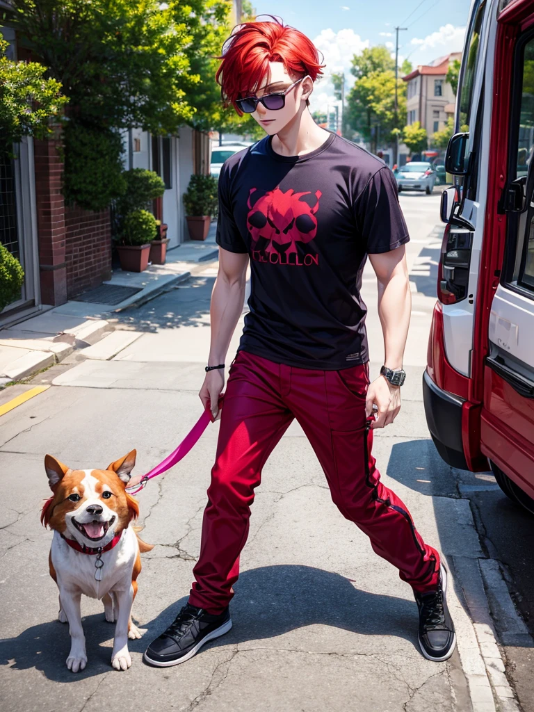 Red hair idiot guy purple shades has a pet axololt shirt red black pants