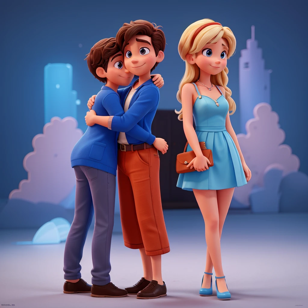 Create a Disney Pixar style image of a couple in love hugging each other, he in a blue suit, she in a long orange dress, high qualiy,4K, 3D rendering