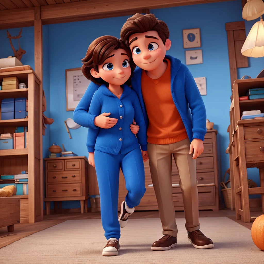 Create a Disney Pixar style image of a couple in love hugging each other, he in a blue suit, she in a long orange dress, high qualiy,4K, 3D rendering