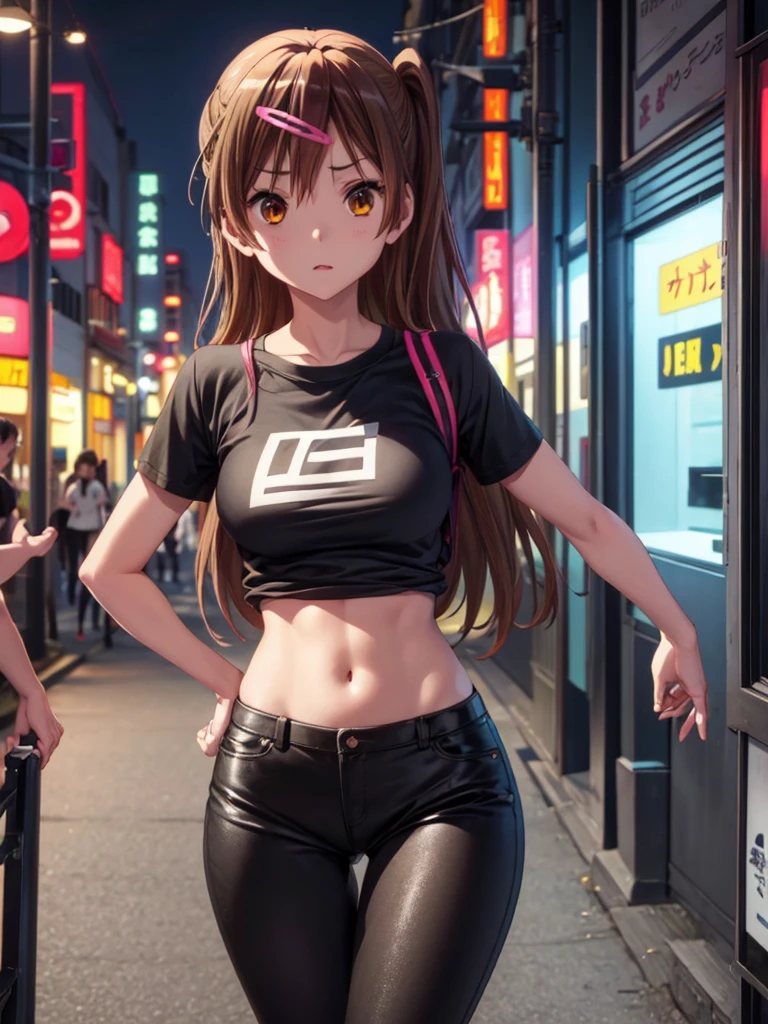 Girl, slim tight t-shirt, black Thong, navel shown, street background, openlegs, night, tokyo, Dark Lane 