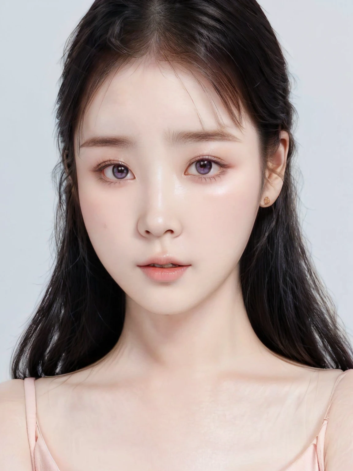 a close up of a woman with long hair wearing a pink dress, dilraba dilmurat, beautiful aesthetic face, young adorable korean face, korean face features, korean symmetrical face, yanjun chengt, beautiful south korean woman, beautiful delicate face, popular korean makeup, lovely delicate face, beautiful young korean woman, gorgeous young korean woman, pale round face