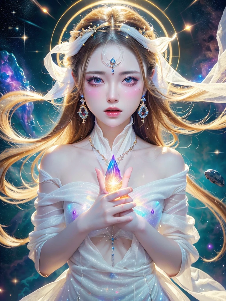 4K Ultra HD, masterpiece, A girl with a magical aura, Nice face, Long Hair, Shiny Hair, fine grain, Glossy Lips,, Aura around the body, Magical Effects, Spreading white light, Cosmic elements and ethereal atmosphere, A mix of bright lights and colorful nebulae, Space Background,, Whitening、(((Wearing white cloth 1.5)))、Hair and fabric blowing in the wind、(((See-through 1.5)))、(((Elegant pose 1.4)))、Bust up photo、(((Feeling Ecstasy 1.85)))、、Luxurious earrings and necklaces、(((1.5)))、Brown Hair、