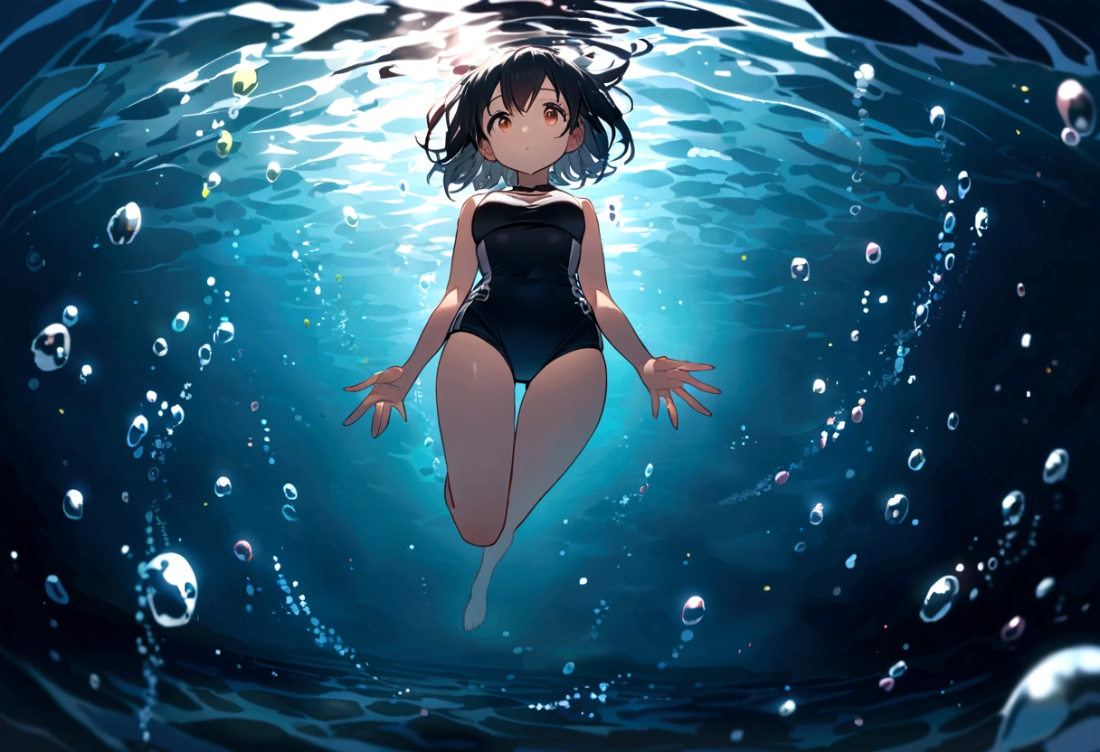 Photo of a short-haired girl underwater,Full Body Lesbian,Looking up、Scattered bubbles、Water movement、Mysterious atmosphere、Black Swimsuit、Fisheye Lens、Hands behind back