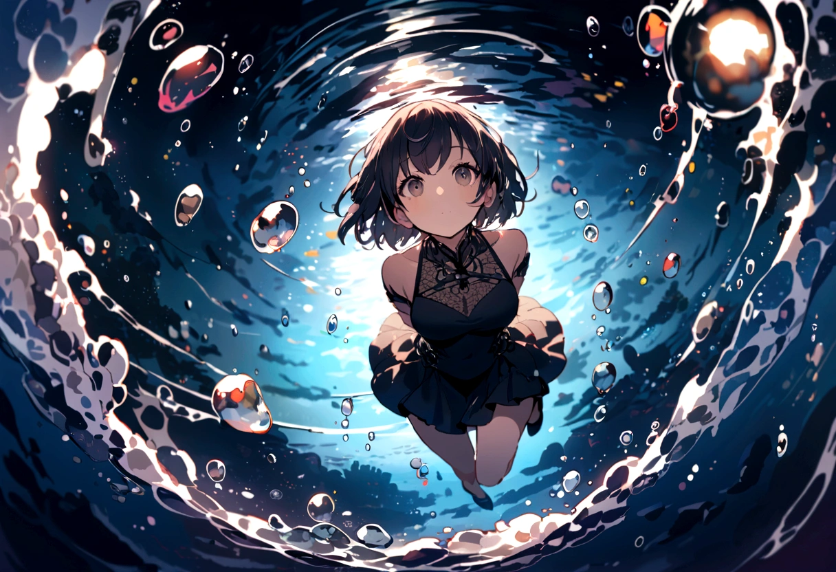 Photo of a short-haired girl underwater,Full Body Lesbian,Looking up、Scattered bubbles、Water movement、Mysterious atmosphere、Black Swimsuit、Fisheye Lens、Hands behind back