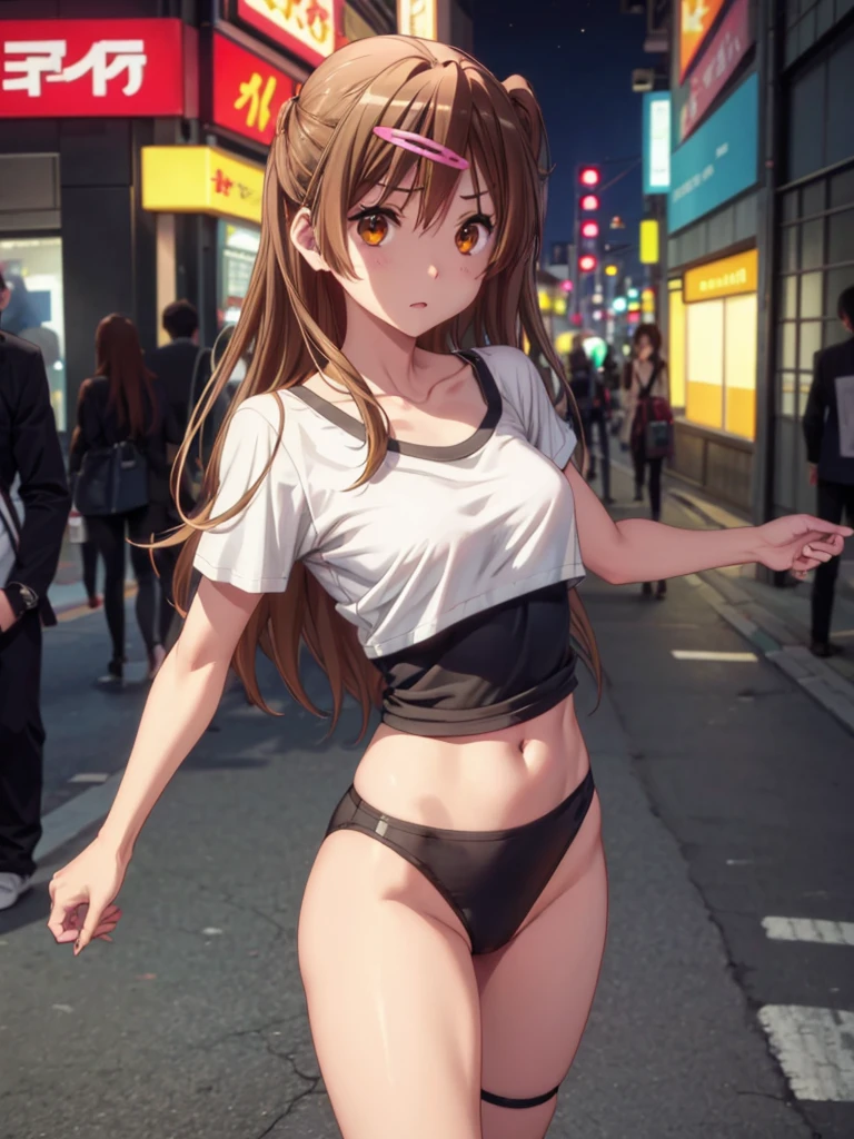 Girl, slim tight t-shirt, black Thong, navel shown, street background, openlegs, night, tokyo, Dark Lane 