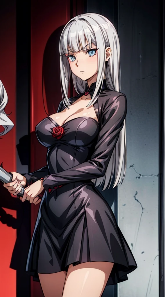 Anime girl, prettify, femme fatale, noir, detective, dress, reasturant,shadow, silver hair, heterochromia eyes,her left eye is gray, her right eye is red rose, straight hair, straight hair cut and straight blunt bangs, strictly straight cutted bangs, hime hairstyle