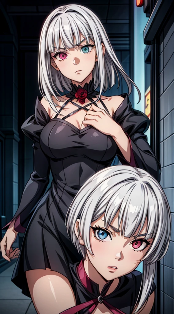 Anime girl, prettify, femme fatale, noir, detective, dress, reasturant,shadow, silver hair, heterochromia eyes,her left eye is gray, her right eye is red rose, straight hair, straight hair cut and straight blunt bangs, strictly straight cutted bangs, hime hairstyle