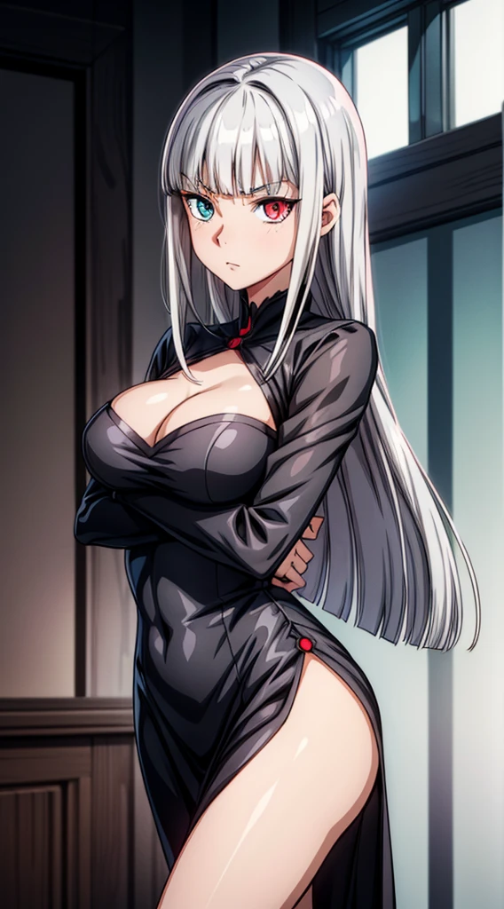 Anime girl, prettify, femme fatale, noir, detective, dress, reasturant,shadow, silver hair, heterochromia eyes,her  left eye is gray, her right eye is red rose, straight hair, straight hair cut and straight blunt bangs, strictly straight cutted bangs, hime hairstyle