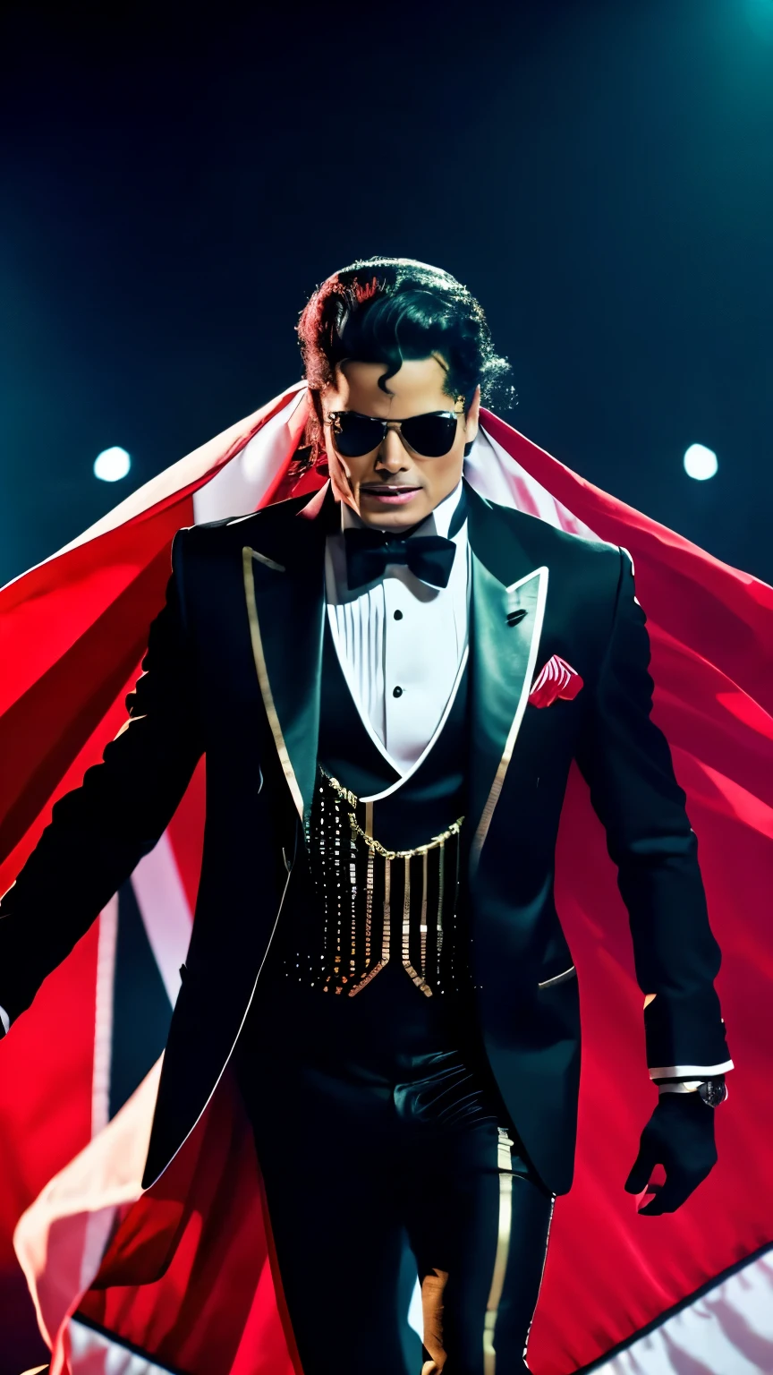 dynamic masterpiece epic cinematic scene,best qualityer,hyper detailled,ultra detaild, Michael Jackson was wearing a RED AND BLACK suit,and had one hand in his pocket,real skin,ral-bling gold suit,USA flag background,waist shot,bokeh,Rambrandt Lighting, In Motion. high budget action movie main theme. CRU photo, motion-blur. best qualityer, high resolution, DRESS THRILLER, SINGING