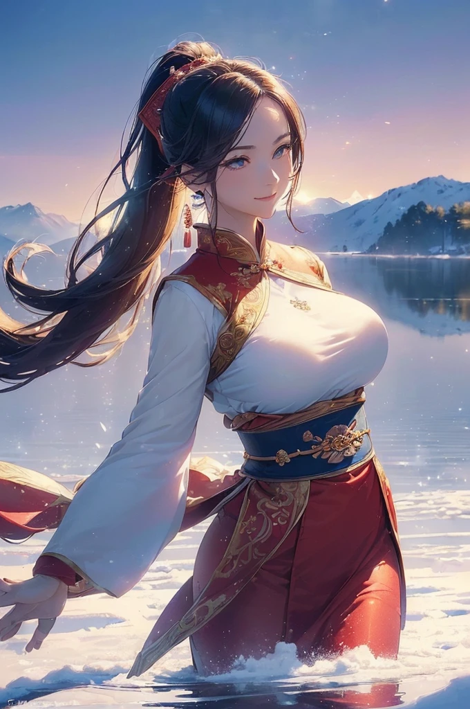 A beautiful woman, legendary, ((((realistic oil art, 46-year-old Empress, vibrant look, (( red hanfu dress, wuxia, dancing, dance, modest)), top of the mountain, 1girl, masterpiece, extremely detailed, (beautiful detailed glow), lens flare, red flare lens, sun flare, clouds, backlighting, (blue sky)
, light from behind, shadow on the figure, sparkling snow ,smile, laughter, standing in the distance, looking at the viewer, full-length
, elegance under the sun, hair ornament, movement motion, image look alive, perfect body figure, very big breast, very big ass, beautiful face, milf, royal, red color hair, shine eyes, blue eyes, ponytail long hair style, beautiful skin, Extremely details hair, fine details, cinematic lighting, beautiful lighting effect, creative design, full body frame, divine aura, hard harmony , sun light, perfect color transition, perfect balance of contrast, perfect color layer, perfectly smooth color blur, soft rendering, smooth color stroke, moon glare, optic lens, moonlight ray, soft colors, smooth colors blend, perfect color rendering, harmony, perfect color harmony, beautiful color, soft harmony, light particles, perfect details, intricate details, color prism, fine details, refine details, different view point, extremely details clothes))), Tachibana Omina art style, affectionate eyes, half a smile, slightly open mouth, a gentle expression on his face, serene scenery of flower under the snow, snow flake floating around, calm, breeze and sunlight, sun, lake, reflection, in the background, butterflies in the sky, realism, ((Best quality))),8k,((Masterpiece)),(Extremely refined and beautiful)