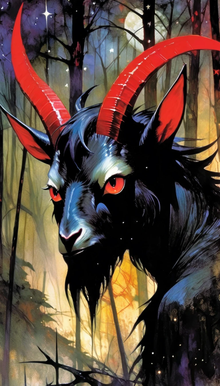 1satanic angry goat in the night, red eyes, sinister forest, horror,(art inspired in Bill Sienkiewicz). oil painting)