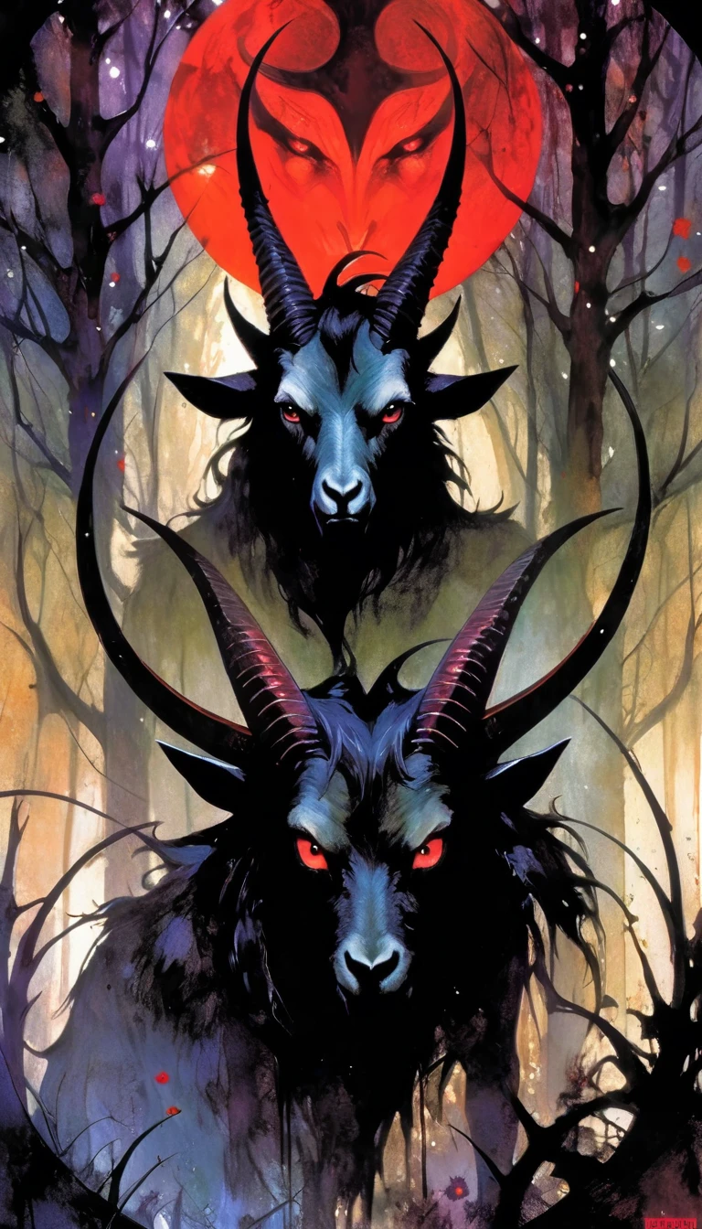 1 large angry black satanic goat with red eyes and dark forest, sinister, stars, background, art inspired by Bill Sienkiewicz