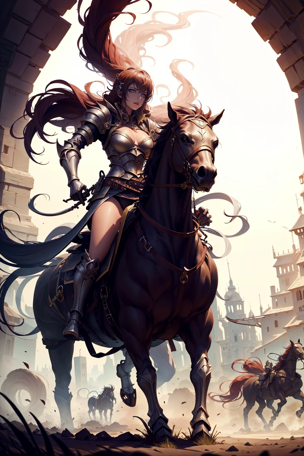 sexy swordsman knight woman riding on a horse on the battlefield