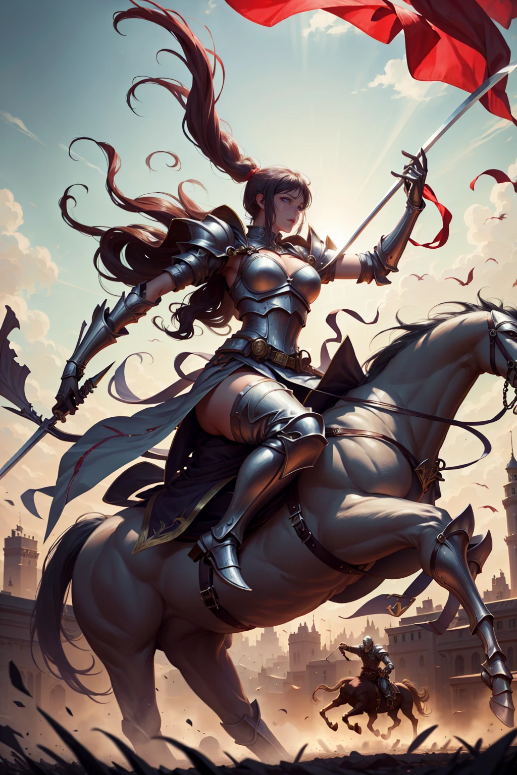sexy swordsman knight woman riding on a horse on the battlefield