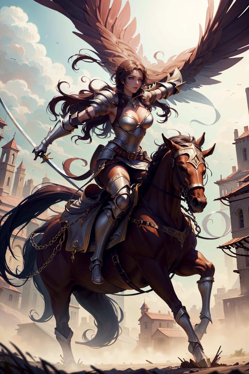 sexy swordsman knight woman riding on a horse on the battlefield