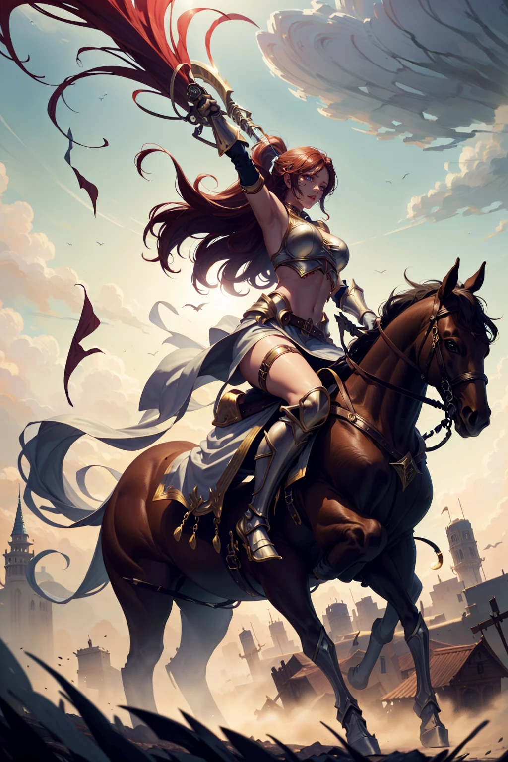 sexy swordsman knight woman riding on a horse on the battlefield