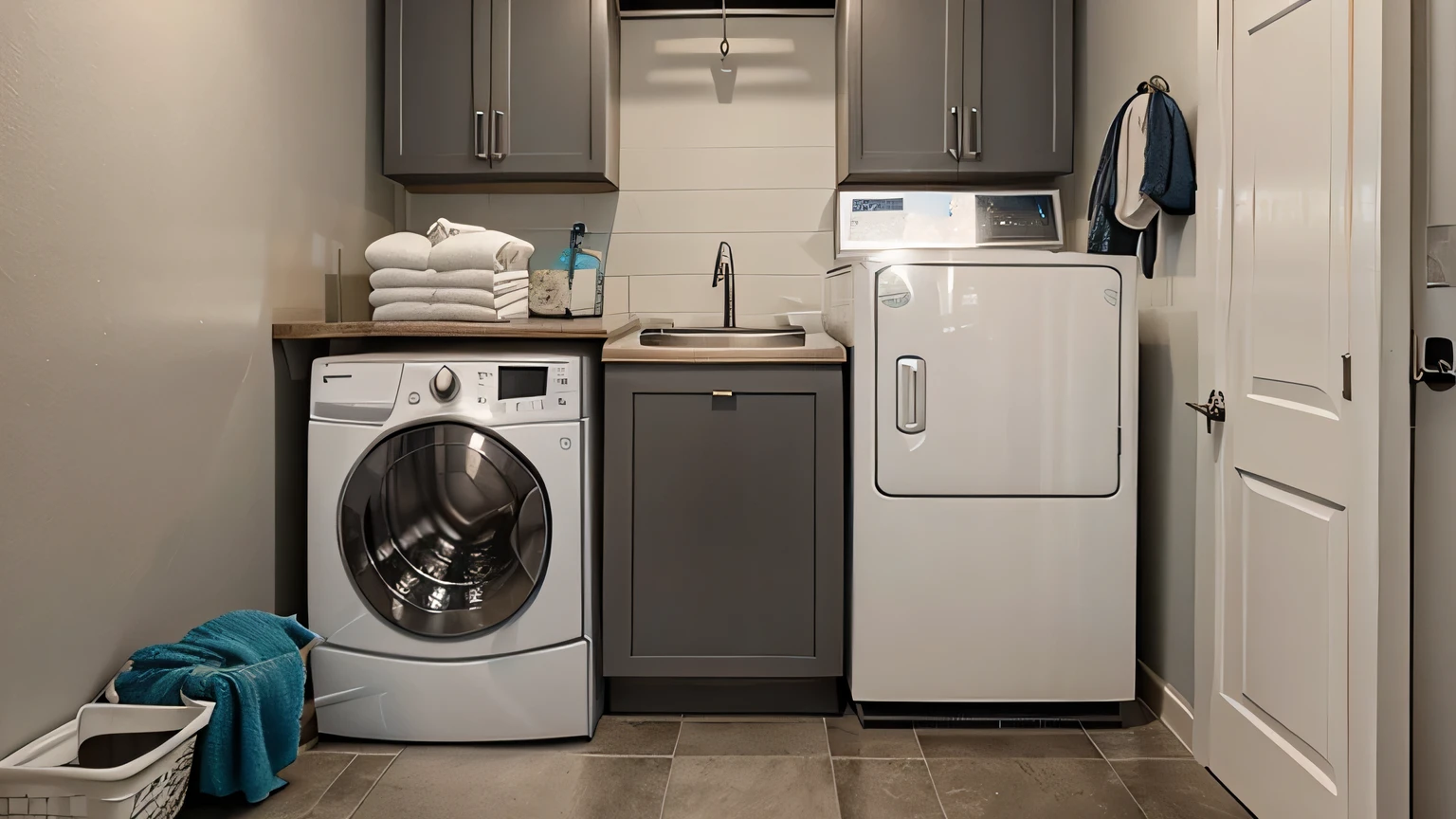 Laundry room interior with washing machine near gray grunge wall
