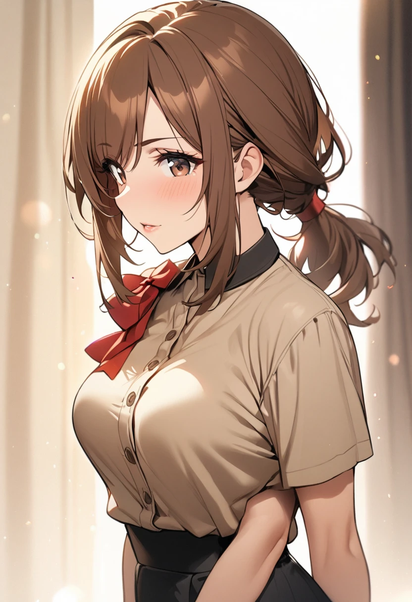 girl, beautiful, mature, brown hair, brown eyes, red bow, low ponytai, best quality