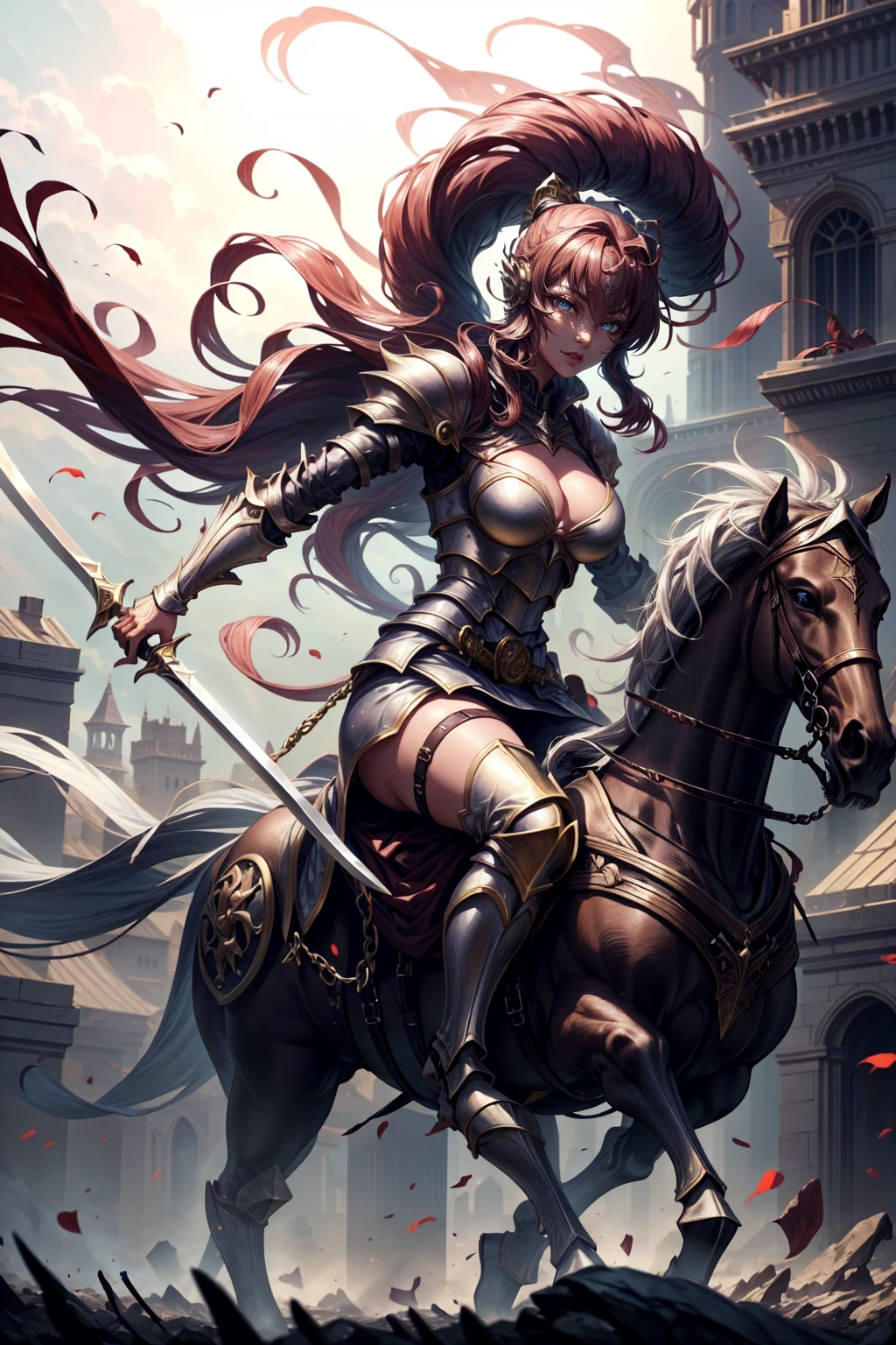 sexy swordsman knight woman riding on a horse on the battlefield