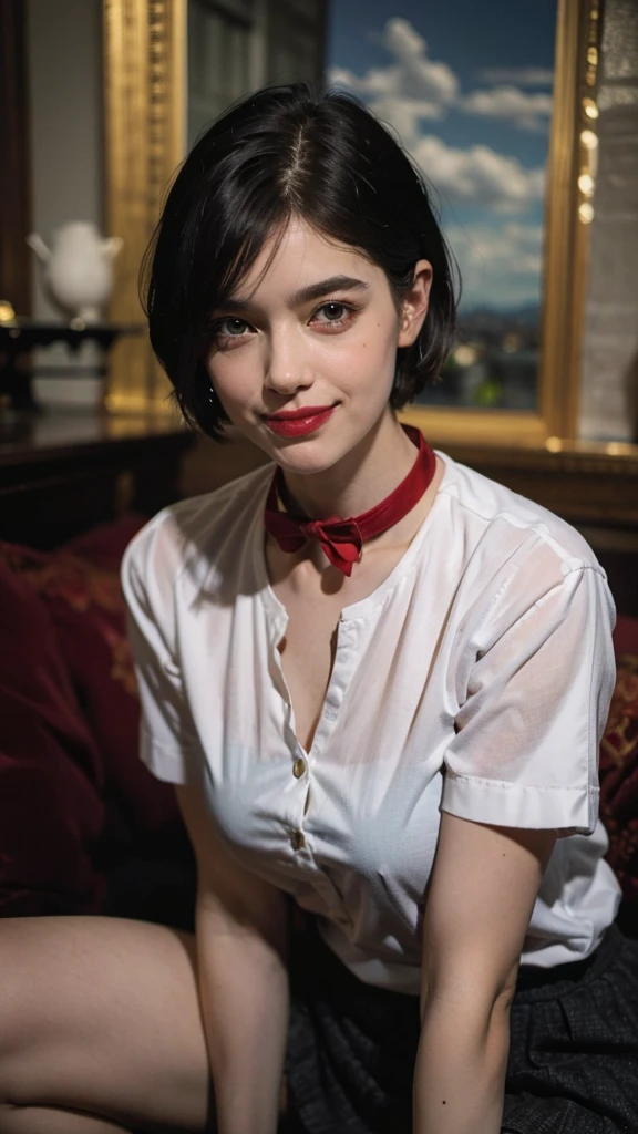 (8K, raw image, best quality, Masterpiece: 1.2), (realistic, photo-realistic: 1.37), very detailed, 1 woman, cute, alone, Beautifully detailed sky, Detailed coffee, nighttime, sit, (red nose), (smile: 1.1), (gag), Medium bust, Beautifully detailed eyes, (collar shirt: 1.1), bow tie, pleated skirt, (short hair: 1.2), long hair, Eating a large scoop of ice cream,