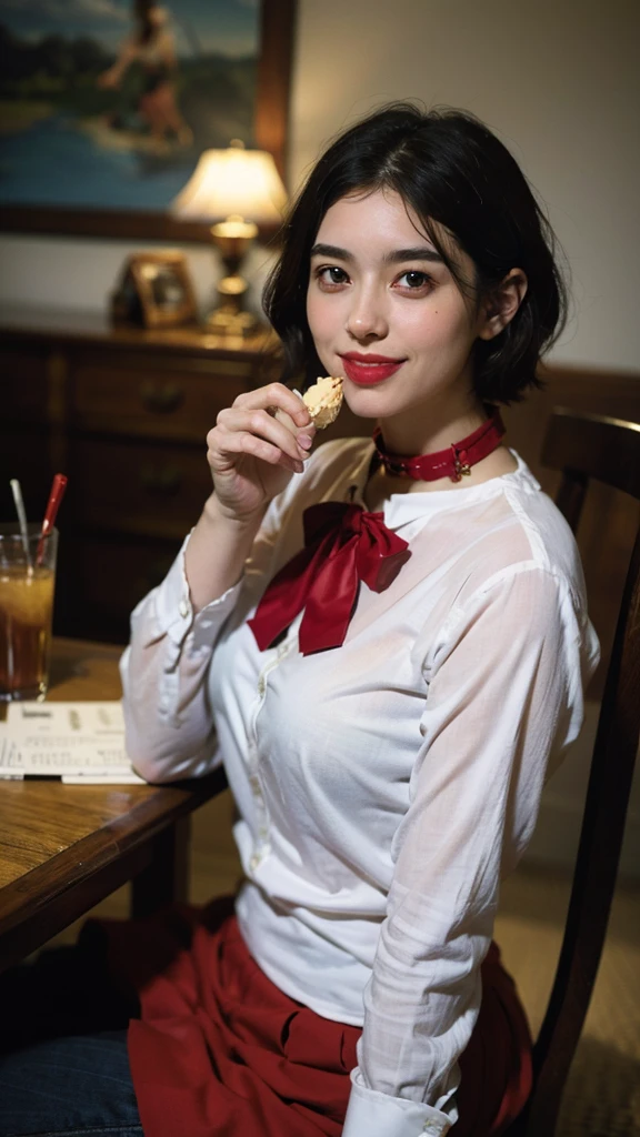 (8K, raw image, best quality, Masterpiece: 1.2), (realistic, photo-realistic: 1.37), very detailed, 1 woman, cute, alone, Beautifully detailed sky, Detailed coffee, nighttime, sit, (red nose), (smile: 1.1), (gag), Medium bust, Beautifully detailed eyes, (collar shirt: 1.1), bow tie, pleated skirt, (short hair: 1.2), long hair, Eating a large scoop of ice cream,
