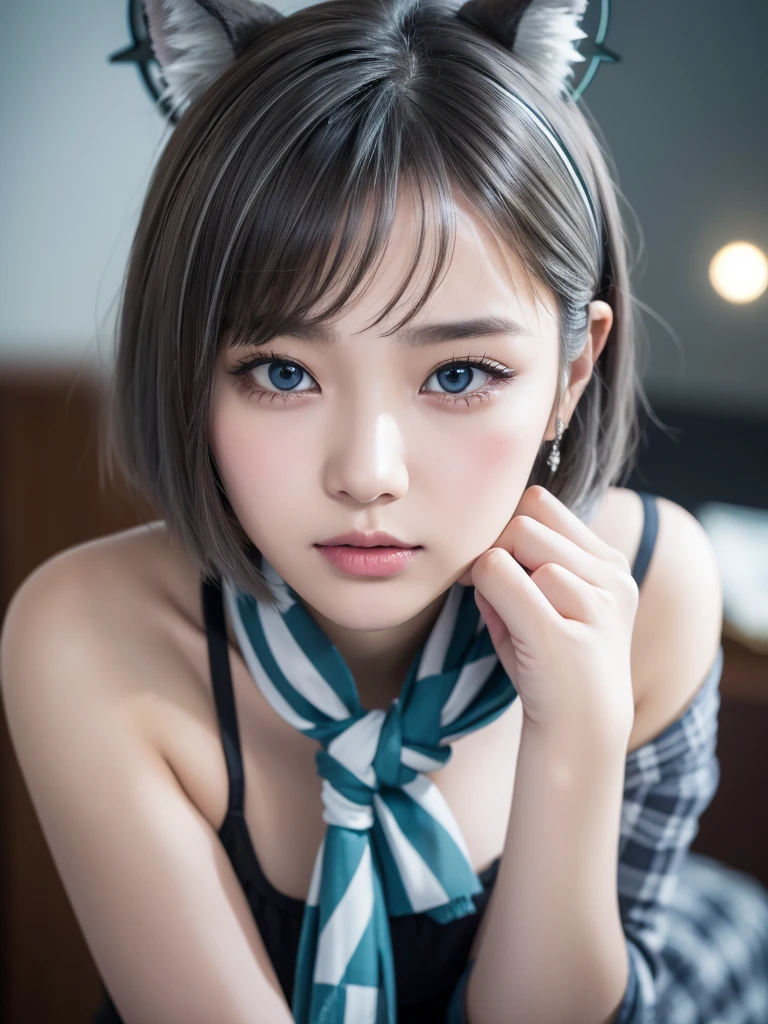 checkered clothes, aqua blue checkered skirt, , skirt, aqua blue scarf, break,
((from front, Face)), wariza, (beautiful japanese girl), (Shot with Canon EOS 5D Mark 4 and Canon EF Lens 180mm F2.4L lens, F value 2.4, ISO 50, shutter speed ), beautiful and fine eyes, perfection , perfection, roll your eyes, detailed face, fine eyes, excellent quality, masterpiece, very detailed, Advanced level of detail, many details, high quality, cinematic light, real hands, (super realistic:1.3), high school student , perfect eyes, detailed skin, skin blemish, 156cm toll, lip gloss, break,
shiroko, animal ears, blue eyes, grey hair, hair ornament, hairpin, ((halo)), ((short hair)), wolf ears, break,