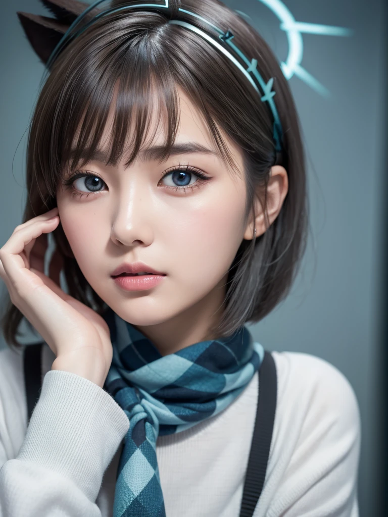 checkered clothes, aqua blue checkered skirt, , skirt, aqua blue scarf, break,
((from front, Face)), wariza, (beautiful japanese girl), (Shot with Canon EOS 5D Mark 4 and Canon EF Lens 180mm F2.4L lens, F value 2.4, ISO 50, shutter speed ), beautiful and fine eyes, perfection , perfection, roll your eyes, detailed face, fine eyes, excellent quality, masterpiece, very detailed, Advanced level of detail, many details, high quality, cinematic light, real hands, (super realistic:1.3), high school student , perfect eyes, detailed skin, skin blemish, 156cm toll, lip gloss, break,
shiroko, animal ears, blue eyes, grey hair, hair ornament, hairpin, ((halo)), ((short hair)), wolf ears, break,
