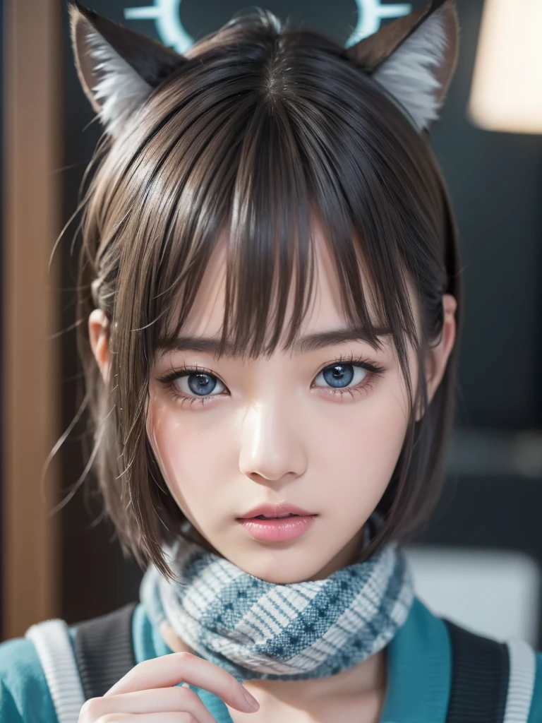 checkered clothes, aqua blue checkered skirt, , skirt, aqua blue scarf, break,
((from front, Face)), wariza, (beautiful japanese girl), (Shot with Canon EOS 5D Mark 4 and Canon EF Lens 180mm F2.4L lens, F value 2.4, ISO 50, shutter speed ), beautiful and fine eyes, perfection , perfection, roll your eyes, detailed face, fine eyes, excellent quality, masterpiece, very detailed, Advanced level of detail, many details, high quality, cinematic light, real hands, (super realistic:1.3), high school student , perfect eyes, detailed skin, skin blemish, 156cm toll, lip gloss, break,
shiroko, animal ears, blue eyes, grey hair, hair ornament, hairpin, ((halo)), ((short hair)), wolf ears, break,

