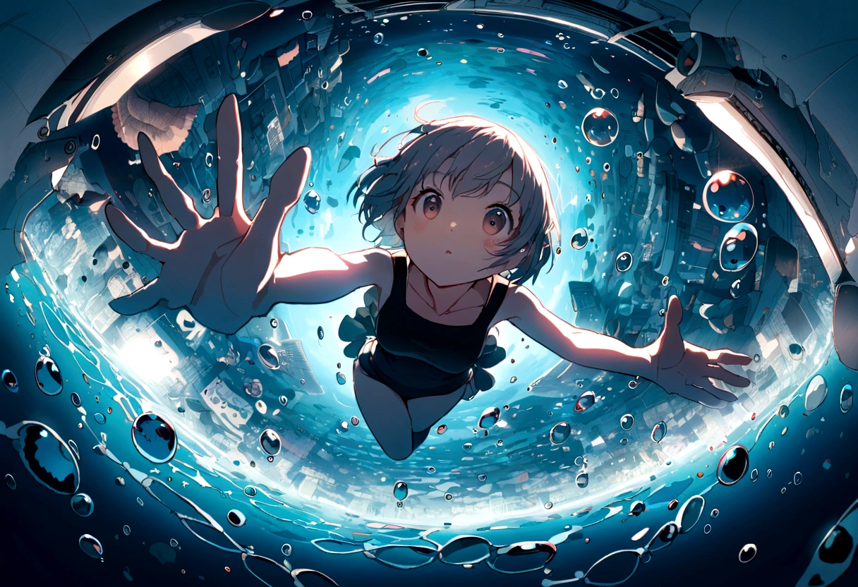 Photo of a short-haired girl underwater,Full Body Lesbian,Looking up、Scattered bubbles、Water movement、Mysterious atmosphere、Black Swimsuit、Fisheye Lens、