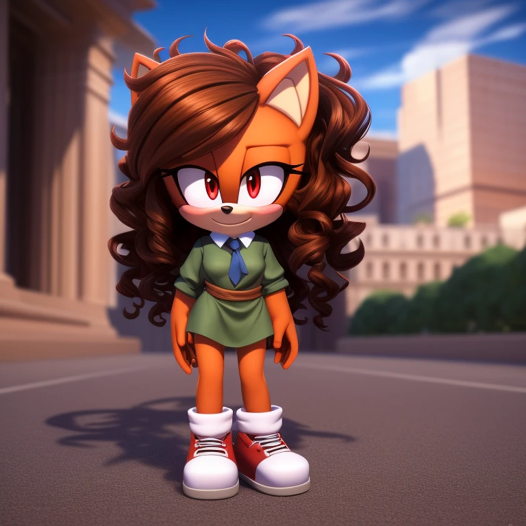 mobian, solo, hedgehog, two-tone fur ((orange fur, brown fur)), tunic shrugs plain tie front lace fringe, high-top sneakers, small breasts, two-tone hair (brown hair, black tip)), curly hair, halo, sunglasses, jewelry, red eyes, longeyelashes, red eyes, smile, shy, blush, pose, high detail, masterpiece, UHD, anatomically correct, super detail, highres, 4K