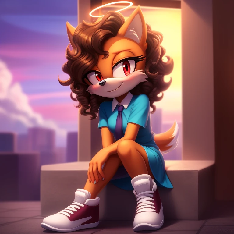 mobian, solo, hedgehog, two-tone fur ((orange fur, brown fur)), tunic shrugs plain tie front lace fringe, high-top sneakers, small breasts, two-tone hair (brown hair, black tip)), curly hair, halo, sunglasses, jewelry, red eyes, longeyelashes, red eyes, smile, shy, blush, pose, high detail, masterpiece, UHD, anatomically correct, super detail, highres, 4K