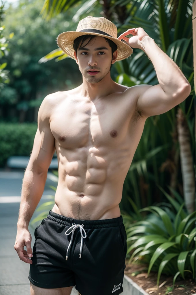 full body shot of a handsome topless man wears shorts , hat, upper body, outdoor, 28yo, caucasian, darelljones, ultra realistic, highres, solo, american boy, tropical forest, chill vibe, (masterpiece,best quality:1.5)