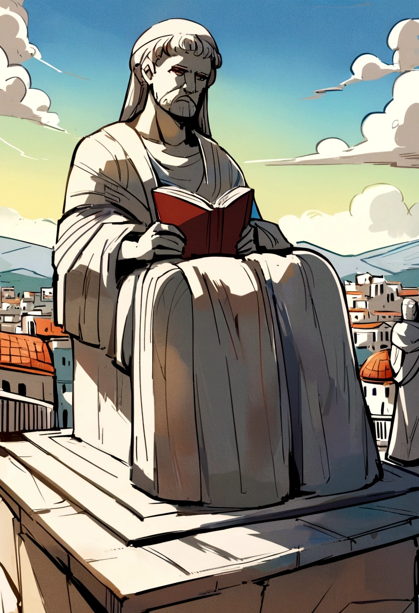 wise man, Stoic statue, gris, old, Greece, watching, city below, reading a book
