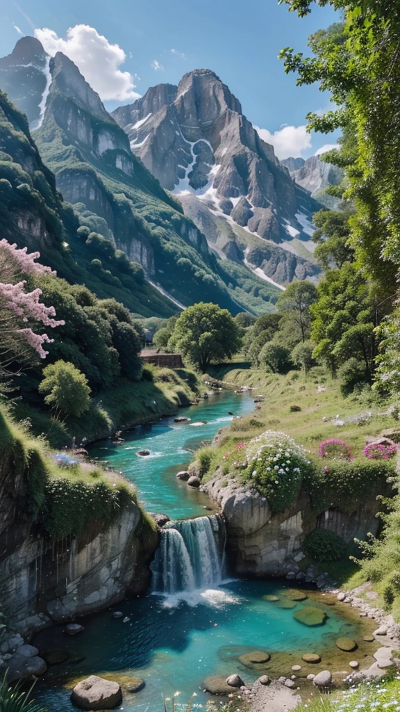 Stunning view of 8K Alam, Stunning scenery, bright colors, clear blue sky, greenery greenery, towering mountains, Crystal clear river, blooming flowers, Serene atmosphere, Amazing natural beauty, Surreal landscapes, detailed texture, realistic light, Movie quality, A high resolution masterpiece.