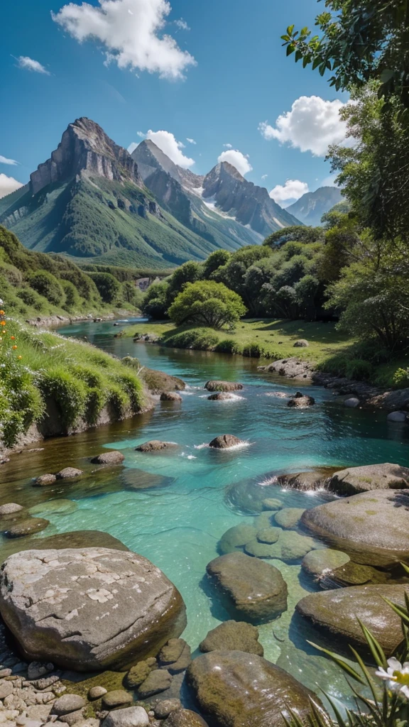 Stunning view of 8K Alam, Stunning scenery, bright colors, clear blue sky, greenery greenery, towering mountains, Crystal clear river, blooming flowers, Serene atmosphere, Amazing natural beauty, Surreal landscapes, detailed texture, realistic light, Movie quality, A high resolution masterpiece.