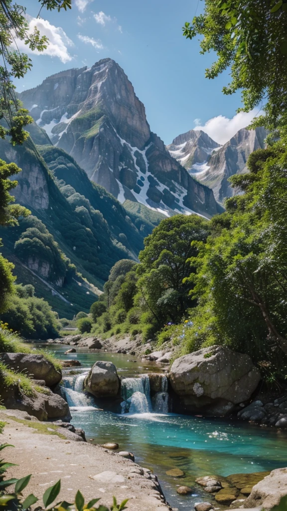 Stunning view of 8K Alam, Stunning scenery, bright colors, clear blue sky, greenery greenery, towering mountains, Crystal clear river, blooming flowers, Serene atmosphere, Amazing natural beauty, Surreal landscapes, detailed texture, realistic light, Movie quality, A high resolution masterpiece.