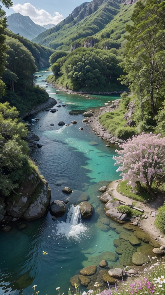 Stunning view of 8K Alam, Stunning scenery, bright colors, clear blue sky, greenery greenery, towering mountains, Crystal clear river, blooming flowers, Serene atmosphere, Amazing natural beauty, Surreal landscapes, detailed texture, realistic light, Movie quality, A high resolution masterpiece.