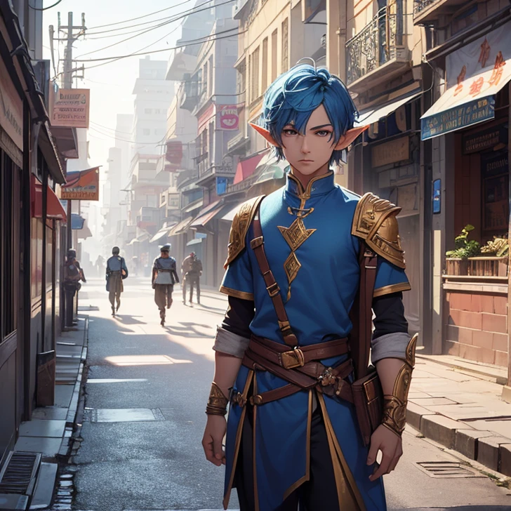(Absurdres, best high quality, very detailed pixels and textures, carefully detailed quality, solo character alone, full character view)
{1character 21 years male elf boy}, (he (has blue #0000ff hair), pale skin, heterochromatic eyes, very thin lips, slender male body, awesome arms, strong legs), (he is wearing a pale green jacket, red red cloak, pale grey bracelets, green gloves, dark green pants, pale grey boots, red and green hair pin), (holding a short silver knife), beautiful male, atractive face, relaxed smile, handsome, cocky.
Standing in modern hindu city street.