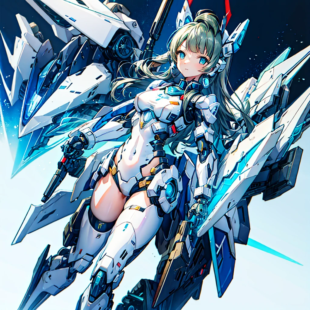 masterpiece, high quality, Cyborgization、Destroyed gynoid cyborg body、The face is of Minami Kotori.、mechanical parts、Blue and white leotard armor、solo focus、Single image、from front, full body、Mechabare、The body is destroyed, exposing the precision machinery、Barcode on thigh、Inside the Institute