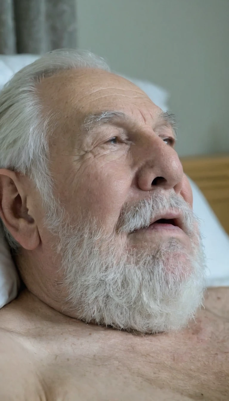 a elderly man 95 years old, naked, (extremely Full long beard, mustache), inflated face, Chubby face, Men's short haircut in the Caesar style, He is kissing his wife on the mouth in bed in a moment of love, front penetration, orgasm, feeling a lot of pleasure in sex, ecstasy, cum, focus in faces, uhd, 4k, masterpierce, high resolution