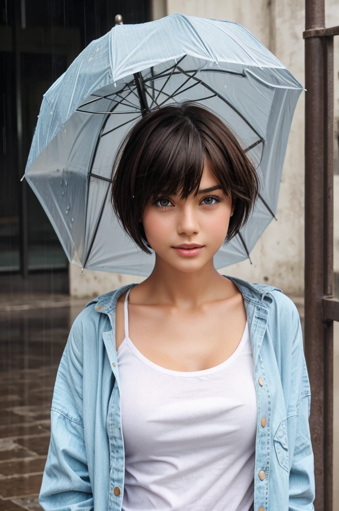 Realistic girl in rain, transperent cloths, short hair, cute face, photoshoot pose