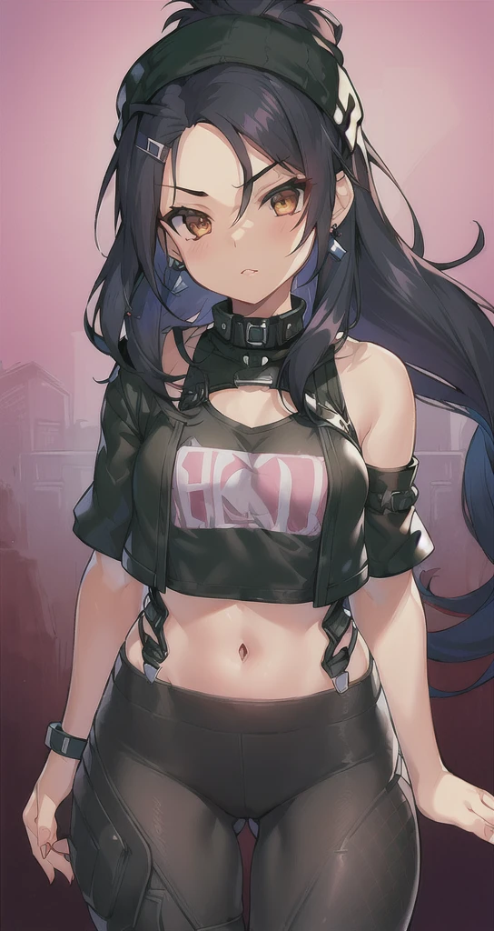 (masterpiece, Highest quality), Intricate details, 8K, Wolf Girl, whole body, (1 person), Red eyes, Big Breasts, Slim figure, furry, Long Hair, anime, expensive, Black Hair, Black T-shirt, Red Skirt, Town, 10th Generation, The wind is blowing, Hair is flowing, Expressionless, Upper Body, noon, stomach