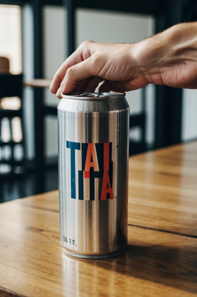 A hand pushing a can that is on a table