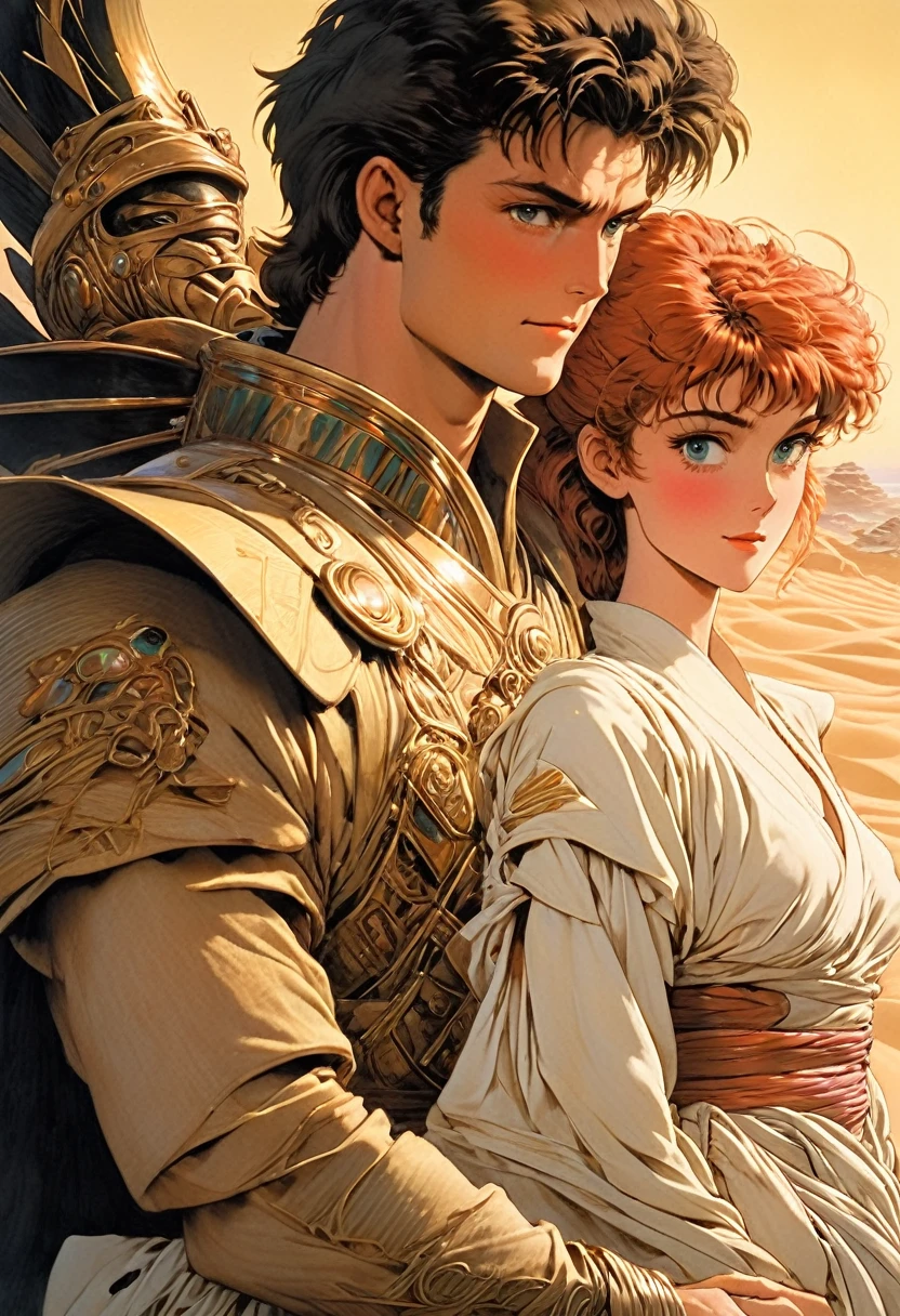 ery best quality, masterpiece , a very retro vintage kinda look feel 8K,High HD,higher rselutionHigh quality very anime semi realism From Frank Herbert;s Dune world Show a young strong powerful looking handsome youvng man a young very lovely woman i with a exotic foreigb oterworld feel look really looking like from Frank Herbert;s Dune bright vibrant rich