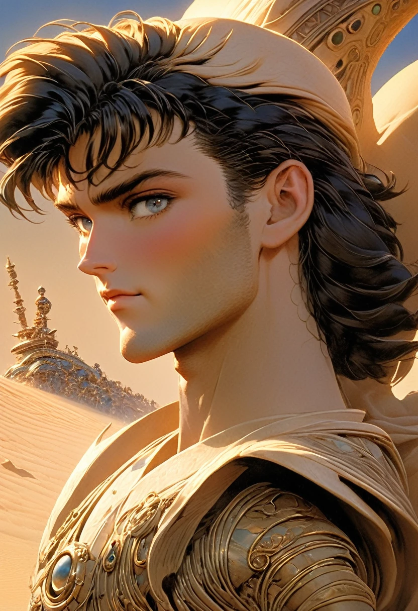 ery best quality, masterpiece , a very retro vintage kinda look feel 8K,High HD,higher rselutionHigh quality very anime semi realism From Frank Herbert;s Dune world Show a young strong powerful looking handsome youvng man a young very lovely woman i with a exotic foreigb oterworld feel look really looking like from Frank Herbert;s Dune bright vibrant rich