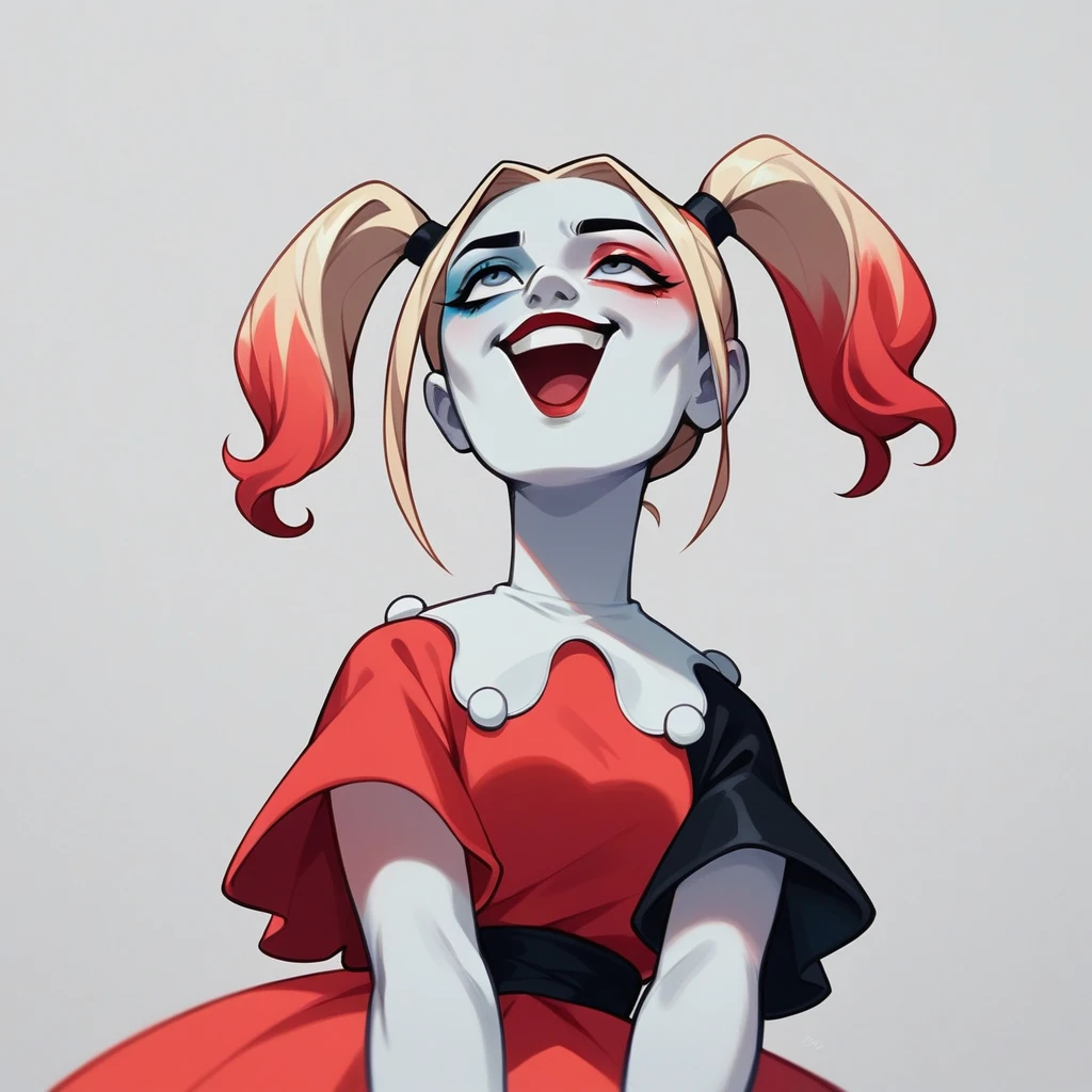 Real photo of the whole body. Plain white background. Banksy style. Composition is looking up from below. Sculpture of a sitting Harley Quinn heroine laughing hysterically wearing a dress with red cherries costume.